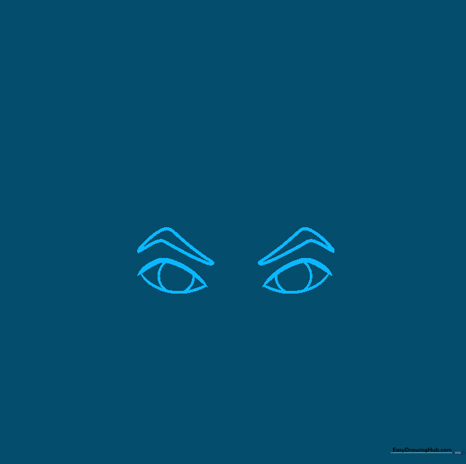 Close-up sketch of Medusa's eyes and arched eyebrows on a white background.