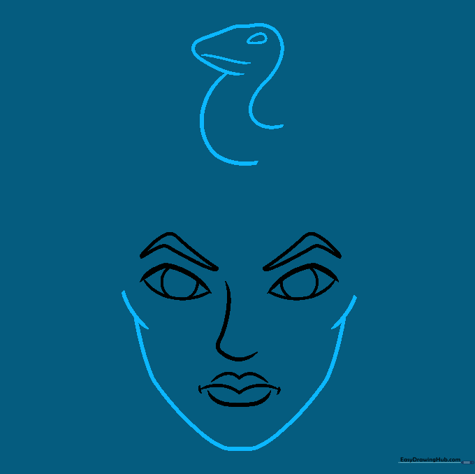Outline of Medusa's face shape and the first snake positioned as hair.