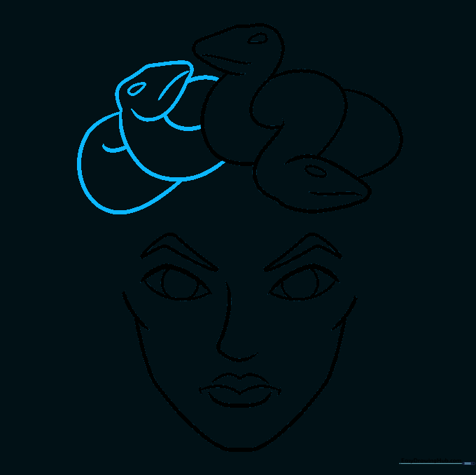 Drawing additional snake coils to fill in Medusa's hair area.