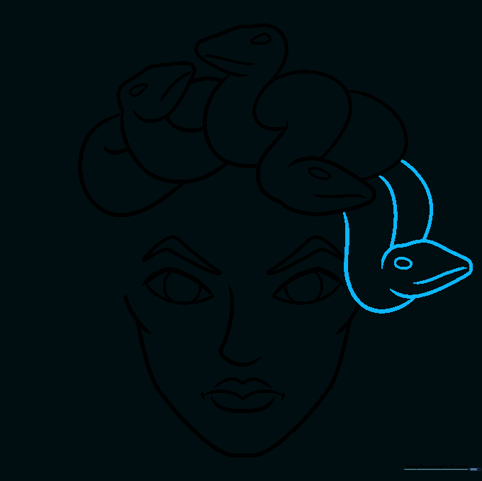 Continuing the snake hair pattern on the side of Medusa's face.