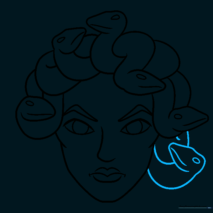 Adding a final snake detail to complete the hair structure.