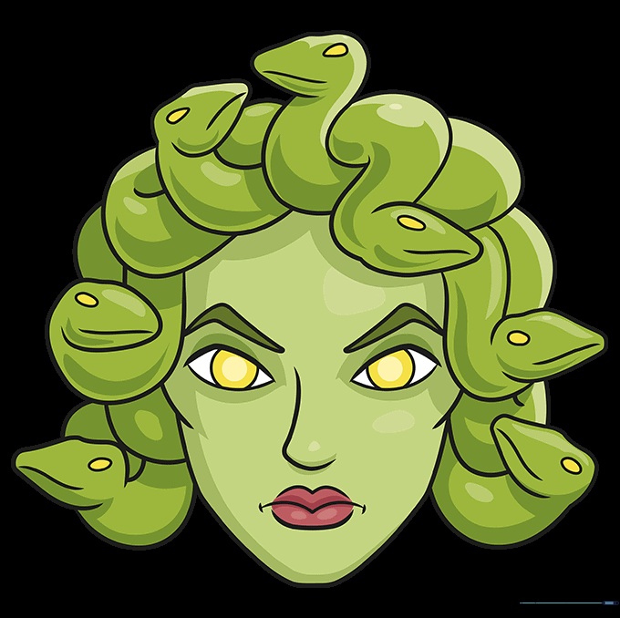 Final colored version of the Medusa drawing with vibrant green and purple tones.