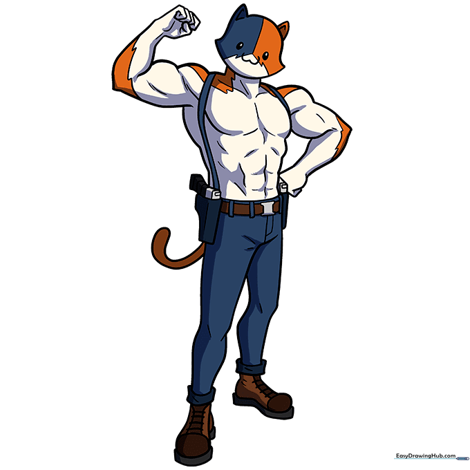 Final colored illustration of Meowscles from Fortnite with signature orange and blue details.