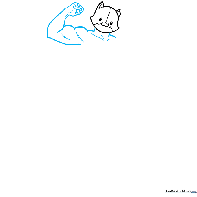Sketching the muscular shoulders, arms, and hand structure with fingers indicated by triangles.