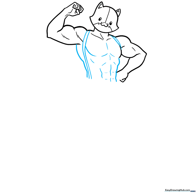 Drawing the torso outline and adding the vertical lines for the character's suspenders.