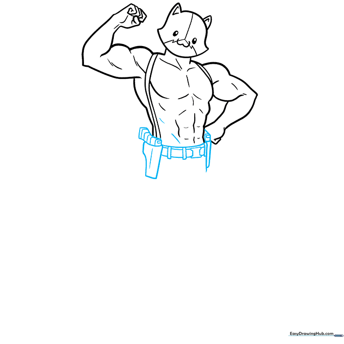Adding the utility belt with various pouches and rectangular gear details.