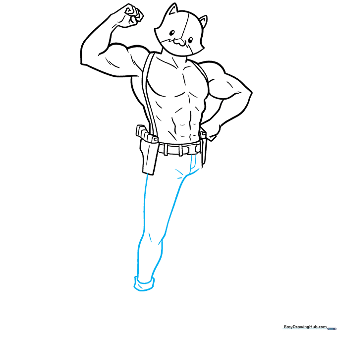 Drawing the legs and pants cuffs with added detail lines for fabric texture.