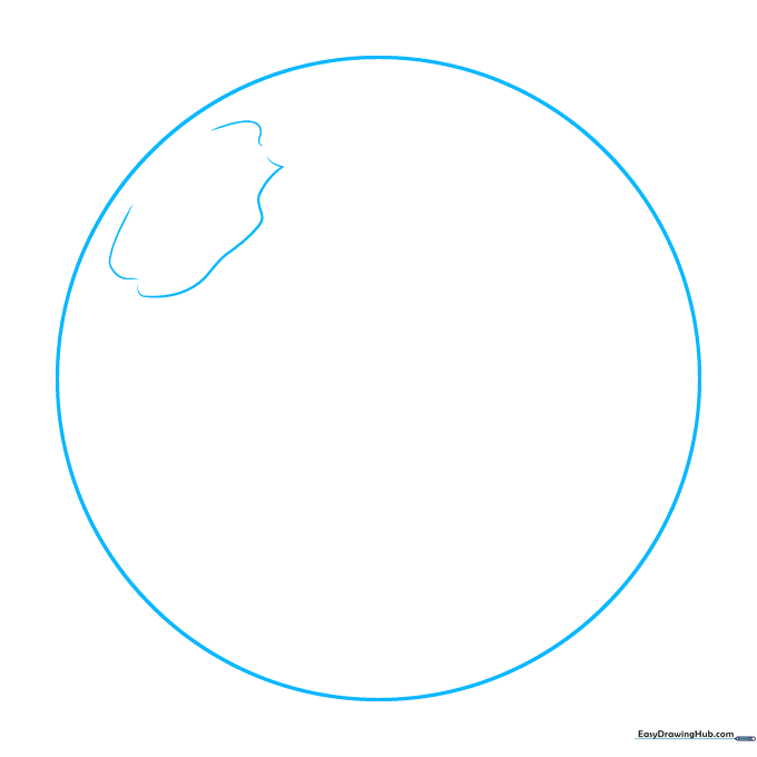 A pencil sketch of a large circle with internal curved lines representing the initial shape of Mercury.