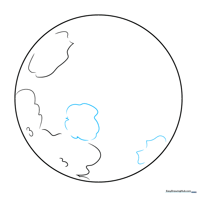 Adding small, irregular circular shapes to the surface of the planet drawing.
