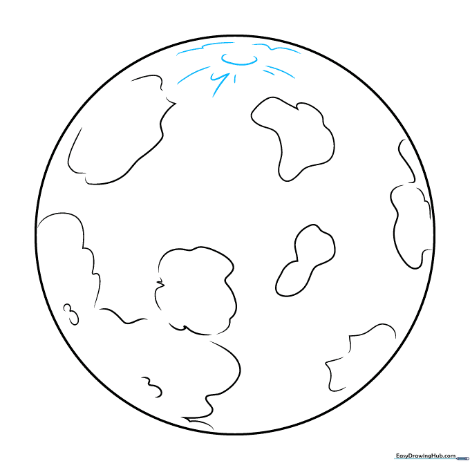 Adding a large crater near the top of the planet using a C-shaped line.