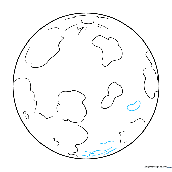 Drawing a second crater at the bottom and a small heart shape on the planet surface.