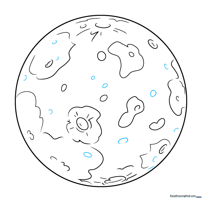 The completed line drawing of Mercury with all craters and surface details added.
