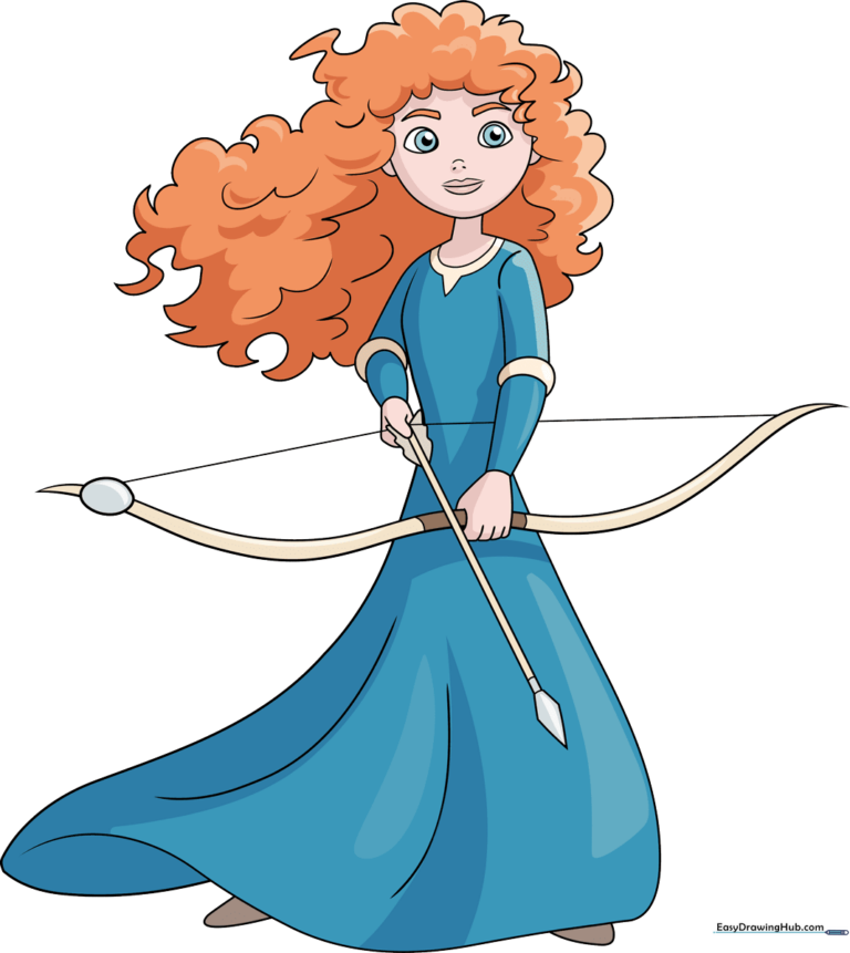 A high-quality, colorful drawing of Princess Merida from Brave, showcasing her curly hair and archer outfit.