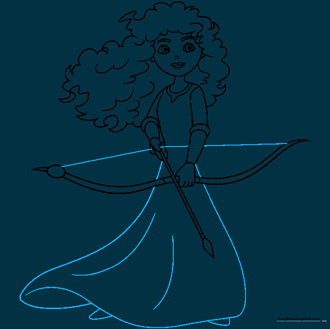Drawing the bowstring and the long skirt with fabric folds.