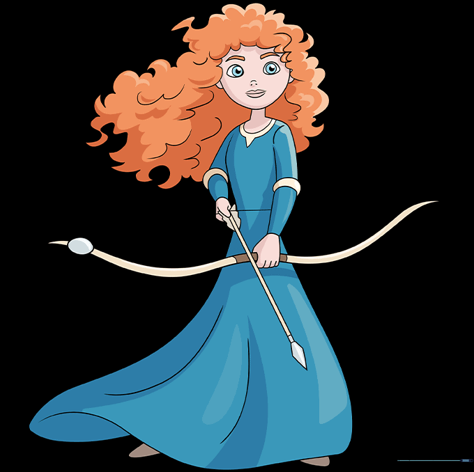 Final colored illustration of Merida with her signature red hair and blue dress.