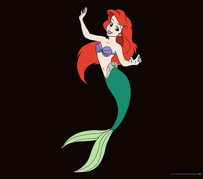The finished line art of Ariel, colored with red hair and a green tail.