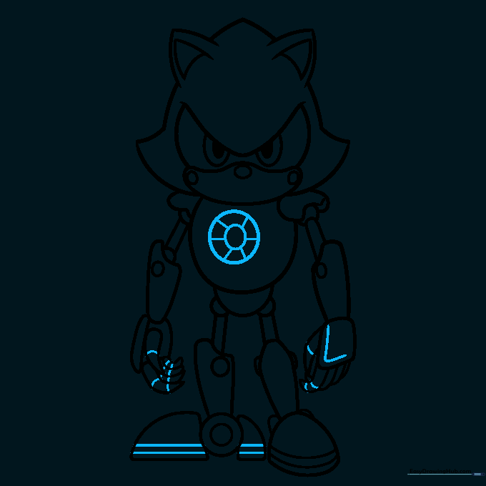 Finalizing the drawing with finger joints and the chest power core details.