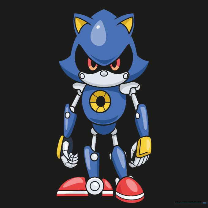 Completed Metal Sonic drawing with vibrant blue, red, and yellow coloring.