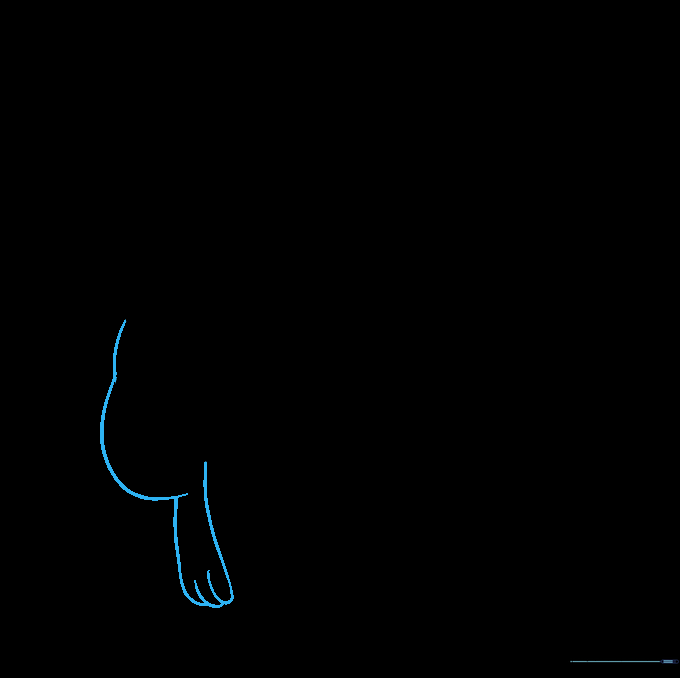 Detailed sketch of Mew's first leg with knee, foot, and toe details.