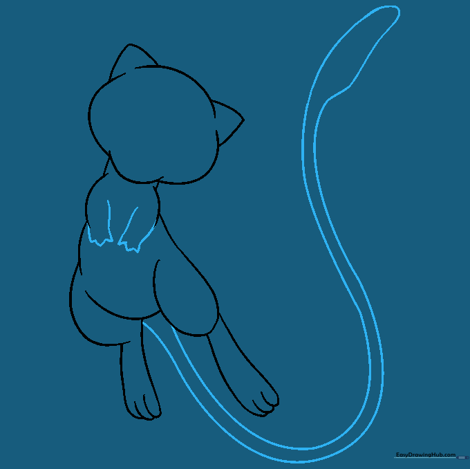 Sketch showing the addition of Mew's arms and long, flowing tail.