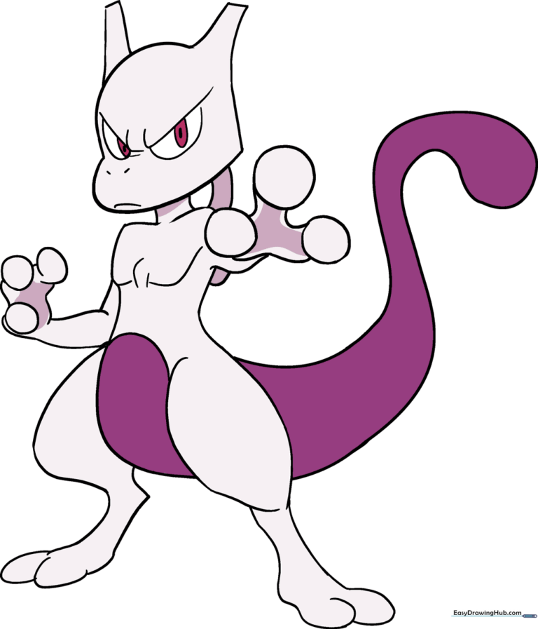 Completed drawing of Mewtwo, the legendary psychic Pokémon, ready for coloring.