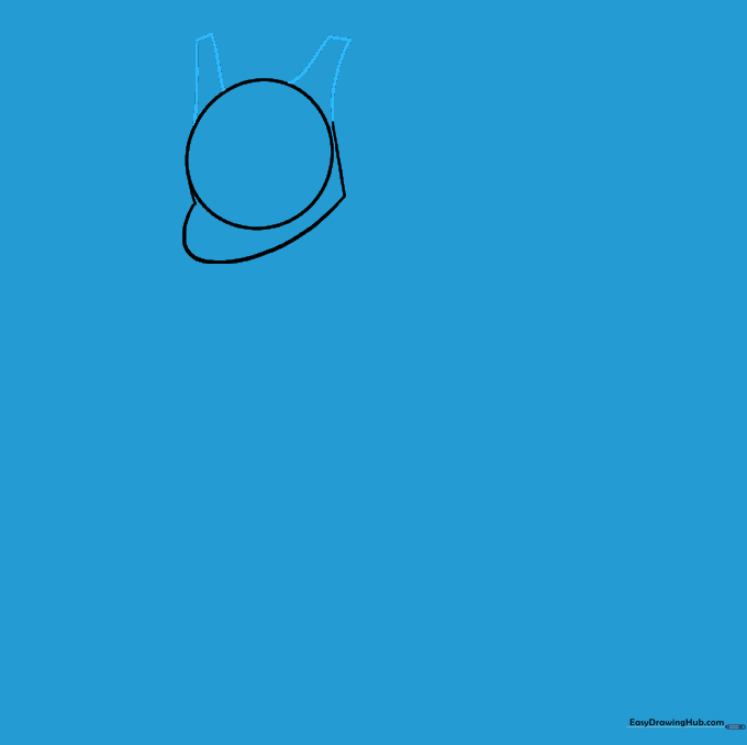 Drawing the tall, pointed ears on top of the Mewtwo head guide.