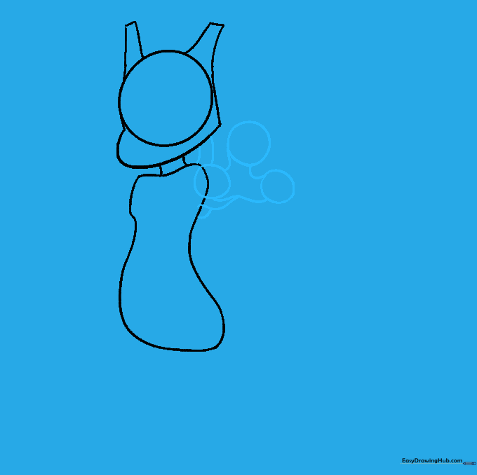 Drawing the first arm and hand using circular guides for the fingers.
