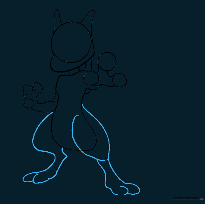 Sketching the legs and feet with U-shaped toes for Mewtwo.