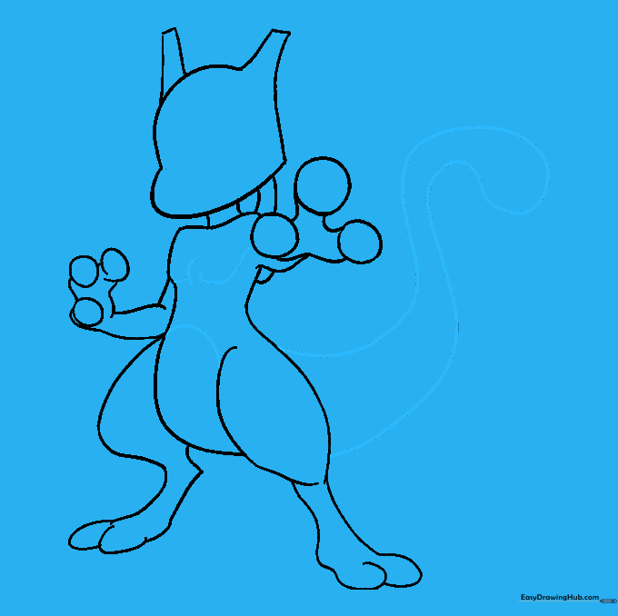 Adding the long, curved tail and chest details to the Mewtwo character.