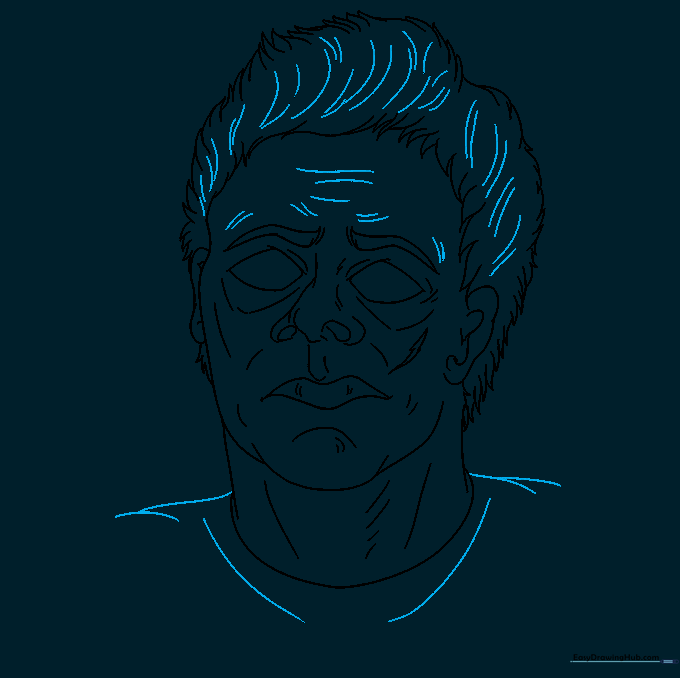 Adding final forehead wrinkles and hair texture to the Michael Myers drawing.