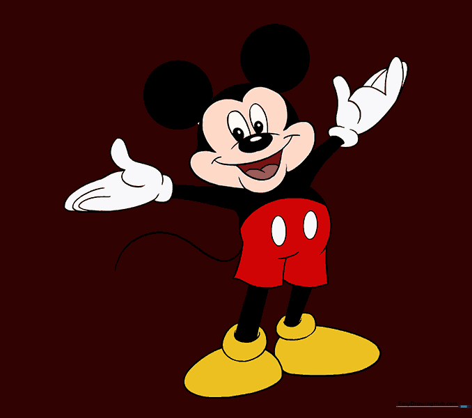 The completed Mickey Mouse drawing, fully colored with his classic red shorts and yellow shoes.