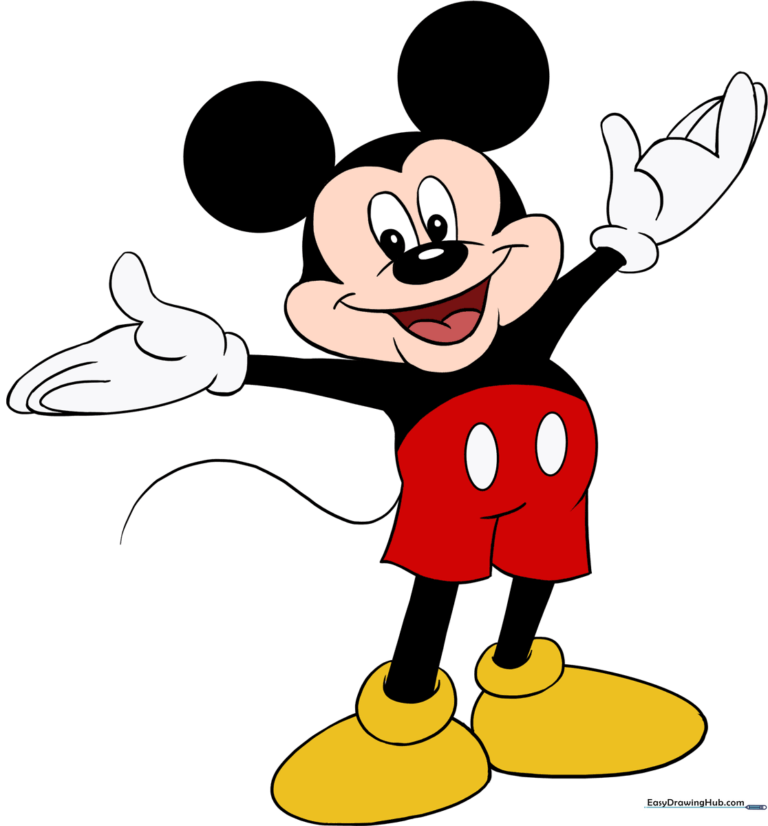 A vibrant, finished illustration of Mickey Mouse, showcasing the final result of the tutorial.