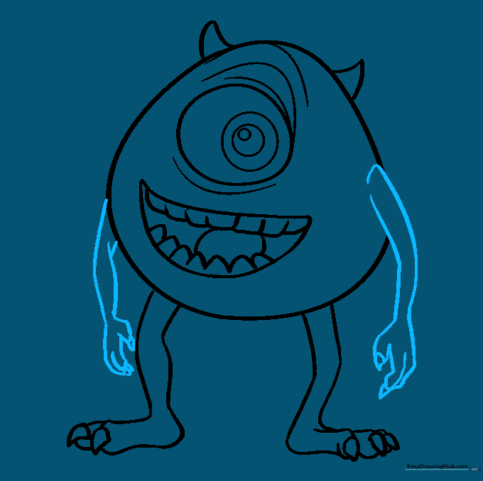 Drawing the arms and hands with claw details to complete the outline.