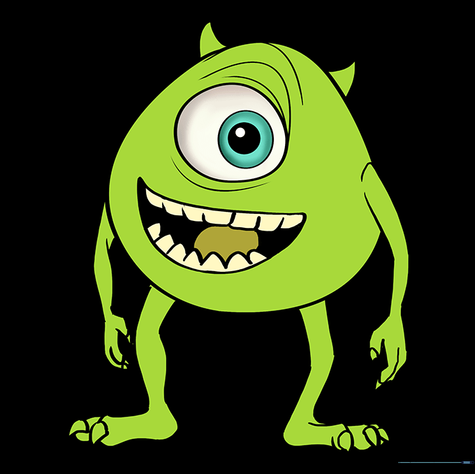 The final colored drawing of Mike Wazowski in bright lime green.
