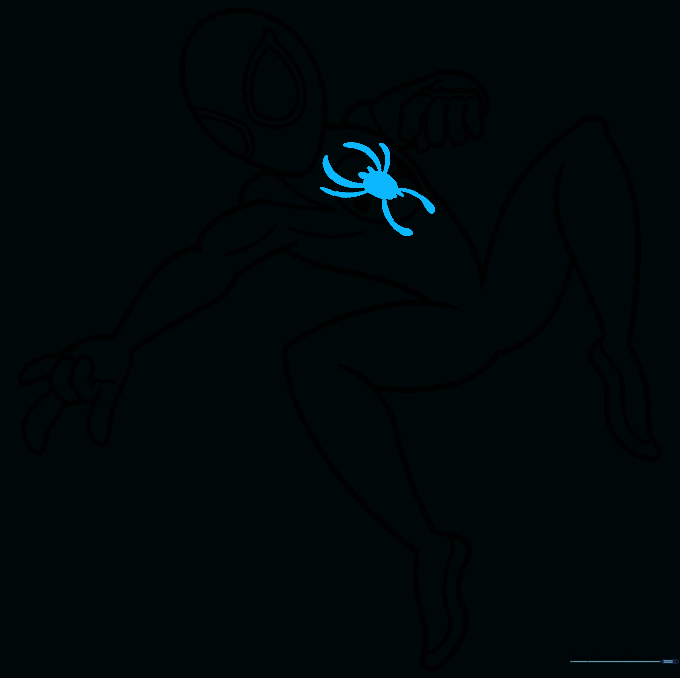 Finalizing the spider emblem on the chest with sharp, bold lines.