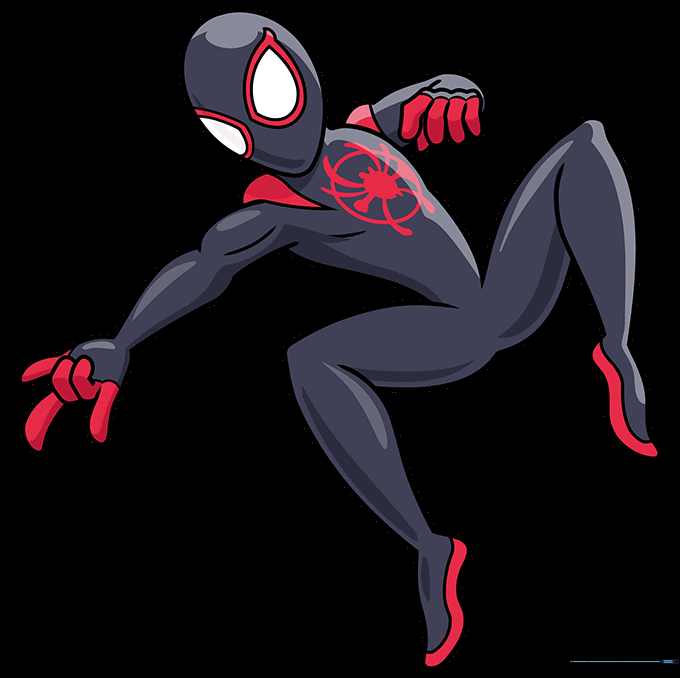 Finished Miles Morales drawing colored with black and red markers.