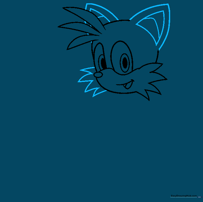 Pencil sketch of Tails' head complete with triangular ears and internal ear detail.