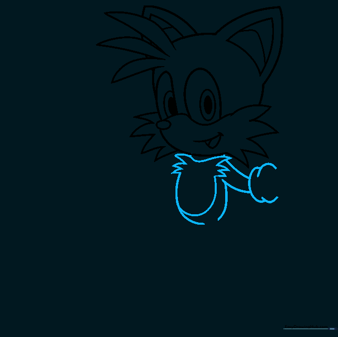 Pencil sketch showing the torso, neck, and the distinct rounded belly fur of Tails.