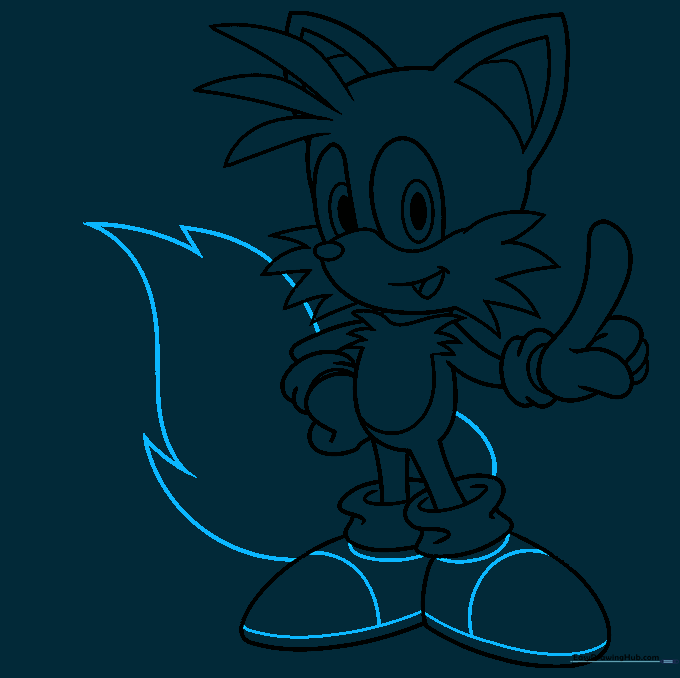Pencil sketch showing the first large, fluffy tail being added to the character.