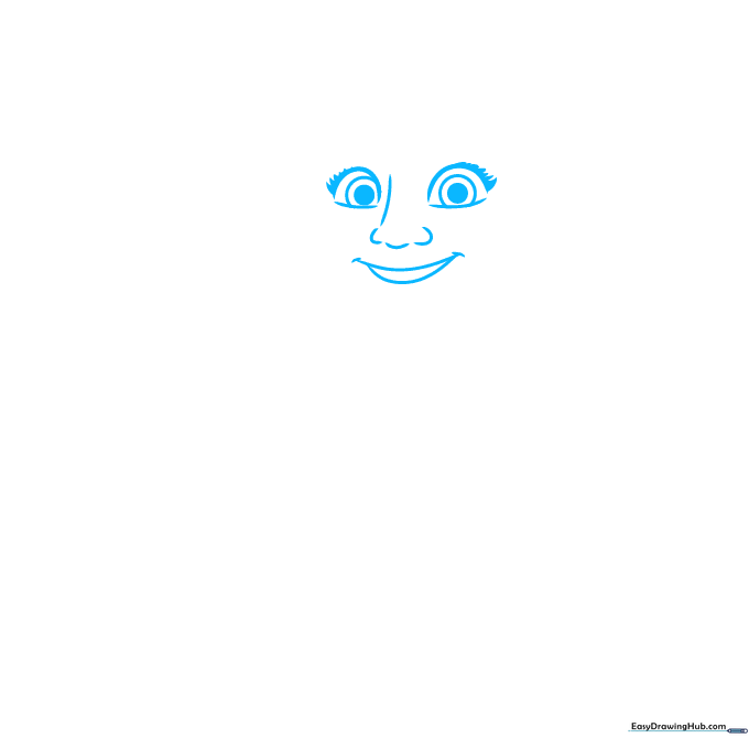 Close-up sketch of Mirabel's face, eyes, and nose showing initial pencil construction lines.