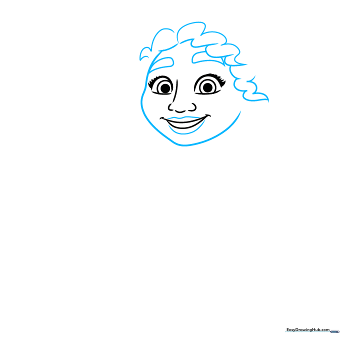 Drawing Mirabel's curly hair and facial features with pencil outlines.