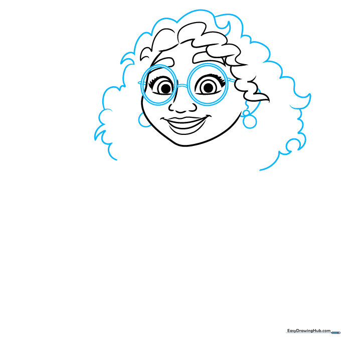 Adding Mirabel's round glasses and earrings to the character sketch.