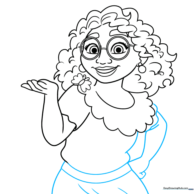 Drawing the torso, hips, and second arm of Mirabel.