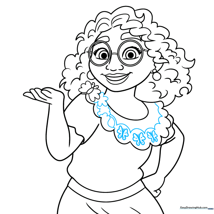 Adding decorative scalloped embroidery patterns to Mirabel's blouse collar.