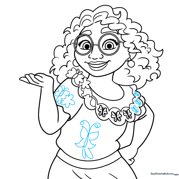 Adding detailed butterfly and floral patterns to Mirabel's clothing.