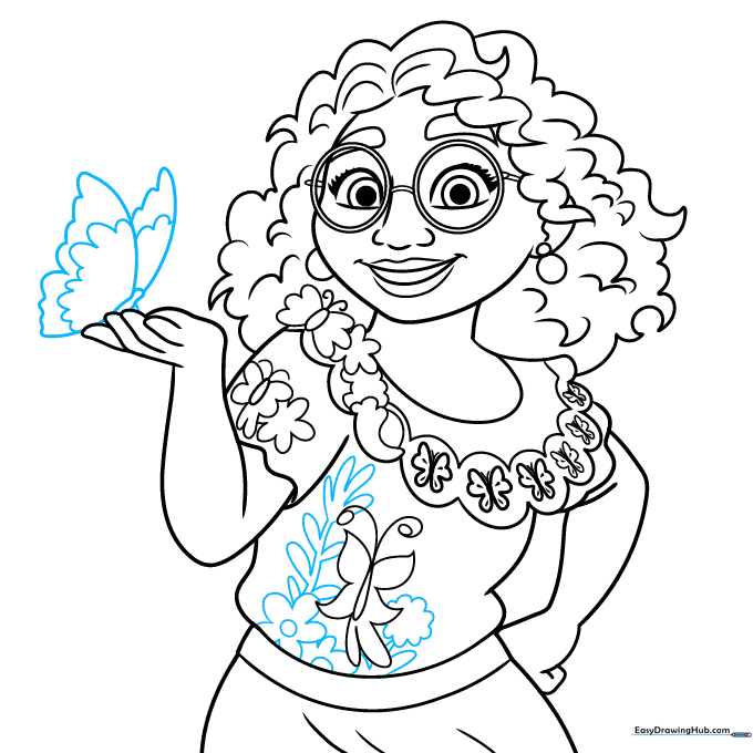 Finalizing the drawing with additional floral details and a butterfly on Mirabel's hand.