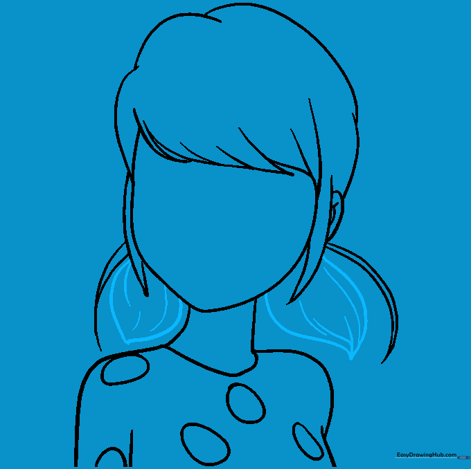 Sketching the two ponytails with hair texture lines.