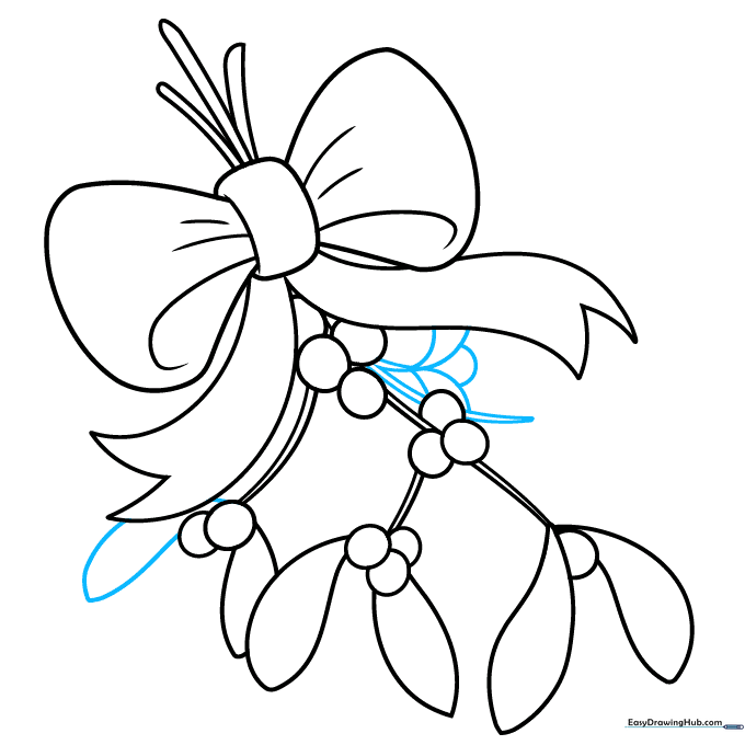 Refining the mistletoe drawing by adding more leaves and stems to create a lush, full look.