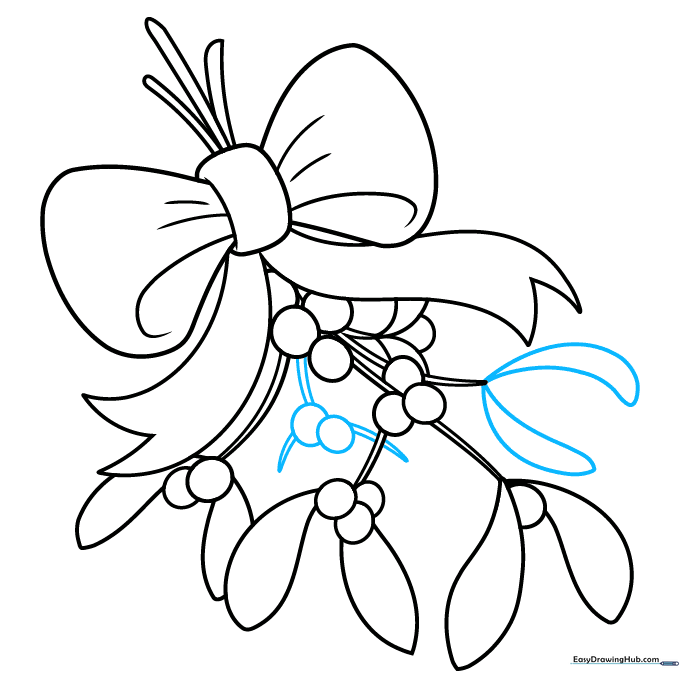 Adding final details to the mistletoe berries and leaves to complete the sketch.