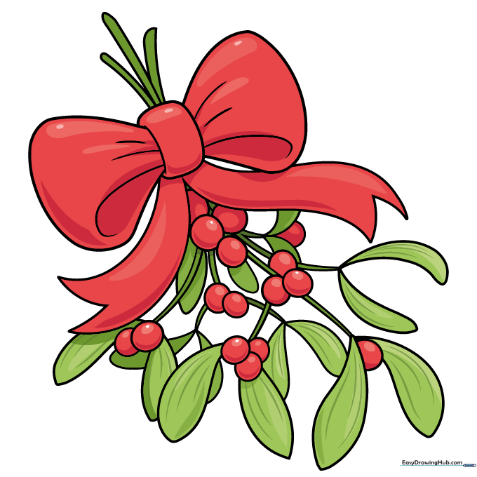 A fully colored mistletoe drawing with green leaves, white berries, and a red bow.